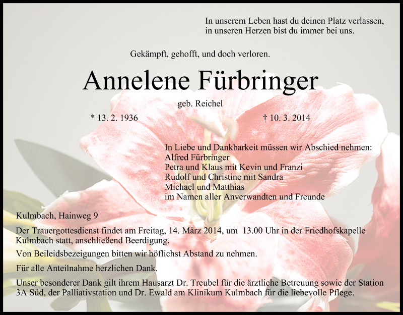  Traueranzeige für Annelene Fürbringer vom 12.03.2014 aus MGO
