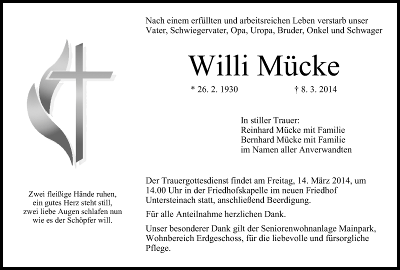  Traueranzeige für Willi Mücke vom 12.03.2014 aus MGO