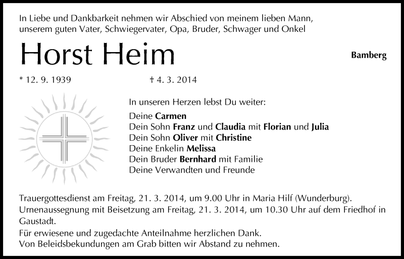  Traueranzeige für Horst Heim vom 18.03.2014 aus MGO