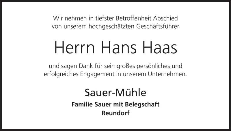  Traueranzeige für Hans Haas vom 15.03.2014 aus MGO