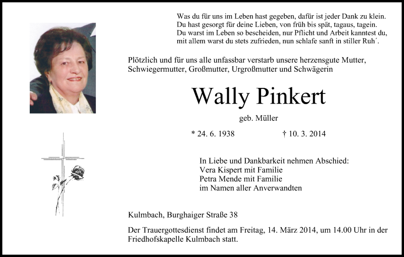  Traueranzeige für Wally Pinkert vom 12.03.2014 aus MGO