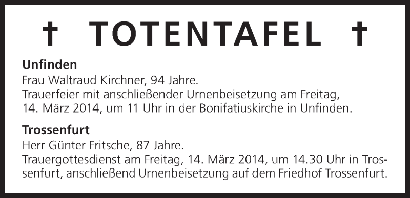  Traueranzeige für Totentafel vom 13.03.2014 vom 13.03.2014 aus MGO