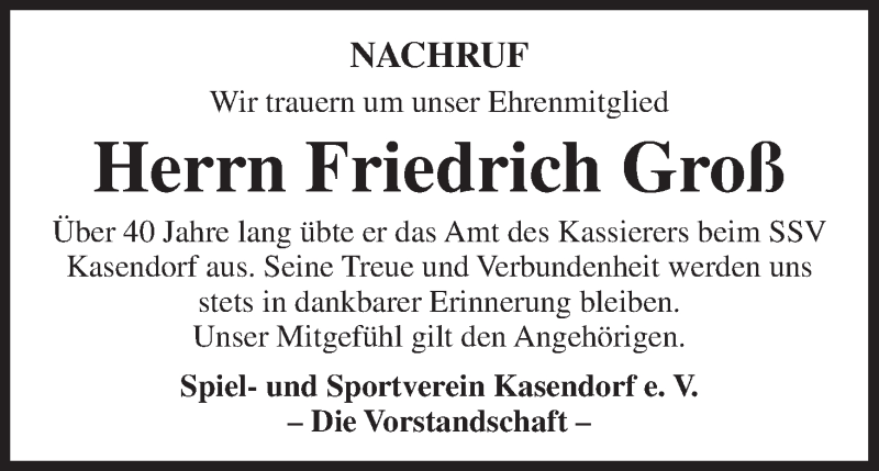  Traueranzeige für Friedrich Groß vom 13.03.2014 aus MGO