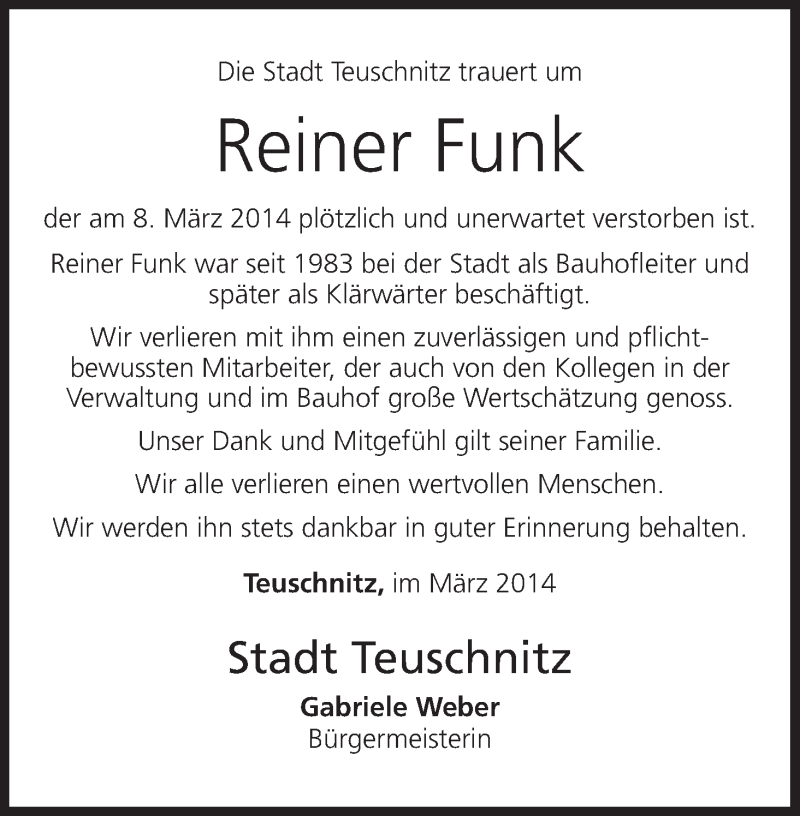  Traueranzeige für Reiner Funk vom 13.03.2014 aus MGO