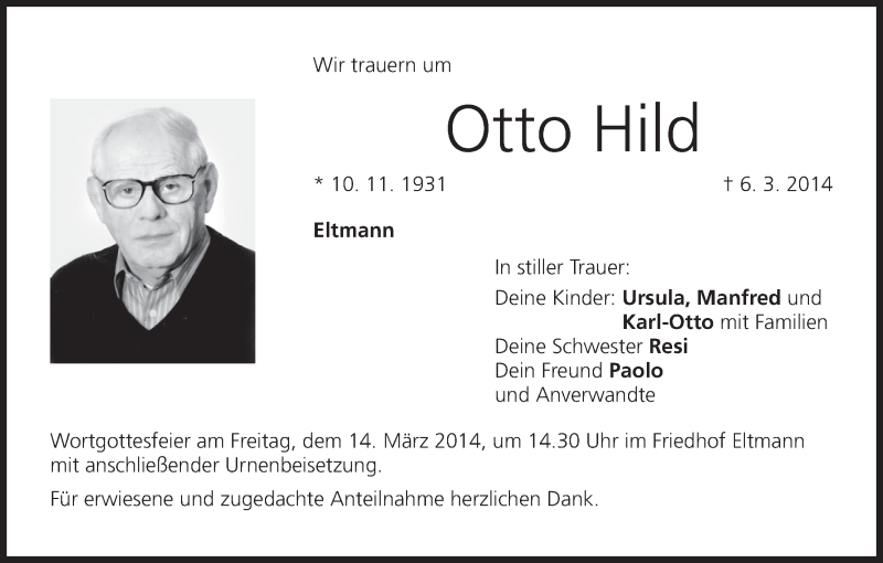  Traueranzeige für Otto Hild vom 13.03.2014 aus MGO
