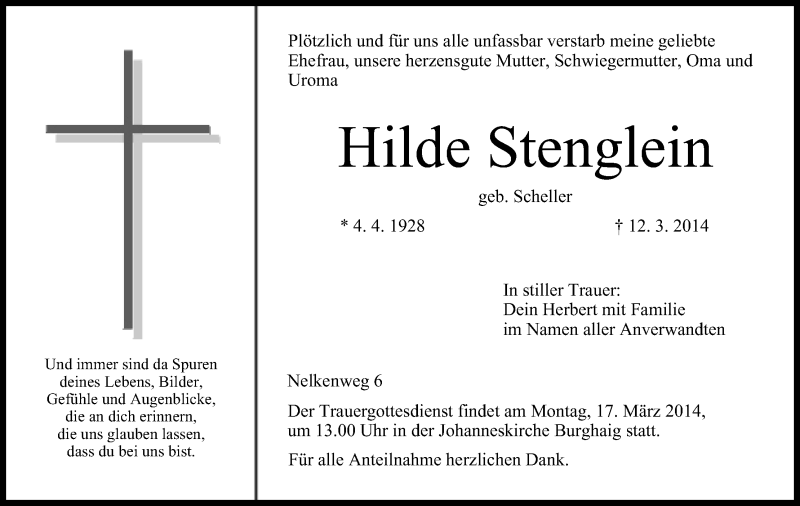  Traueranzeige für Hilde Stenglein vom 15.03.2014 aus MGO