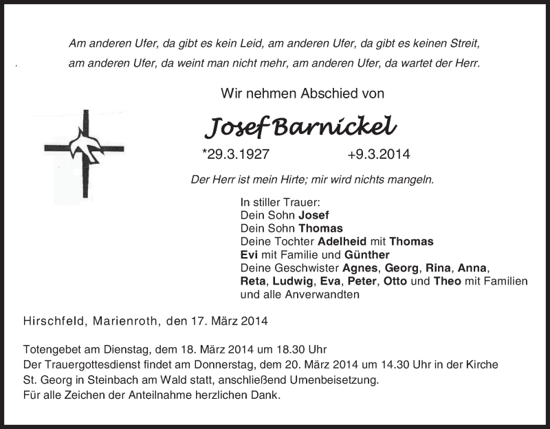  Traueranzeige für Josef Barnickel vom 17.03.2014 aus MGO
