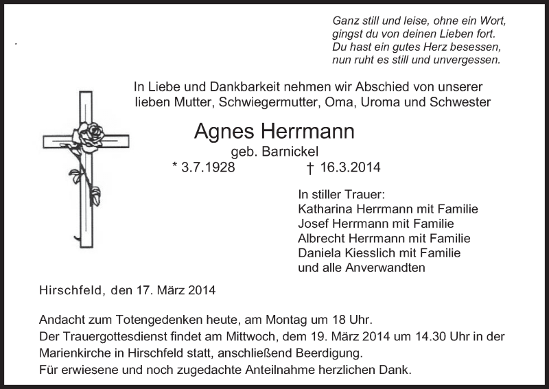  Traueranzeige für Agnes Herrmann vom 17.03.2014 aus MGO