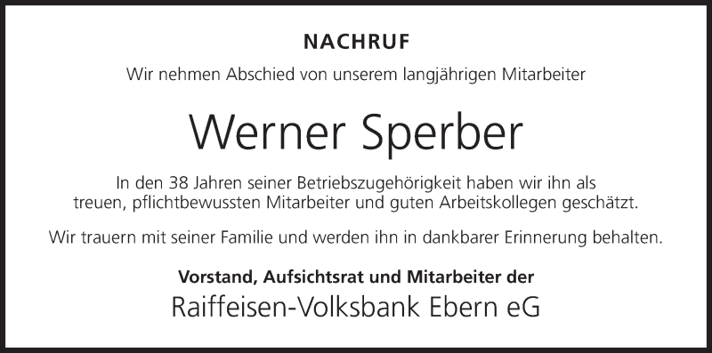  Traueranzeige für Werner Sperber vom 17.03.2014 aus MGO