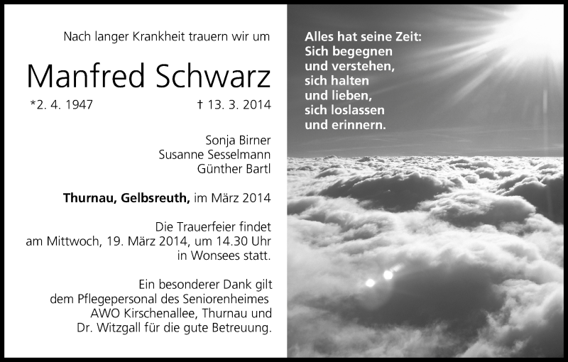  Traueranzeige für Manfred Schwarz vom 15.03.2014 aus MGO