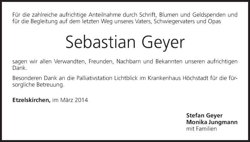  Traueranzeige für Sebastian Geyer vom 15.03.2014 aus MGO