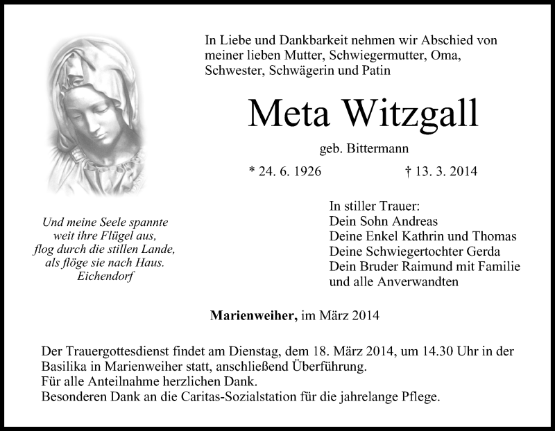  Traueranzeige für Meta Witzgall vom 17.03.2014 aus MGO