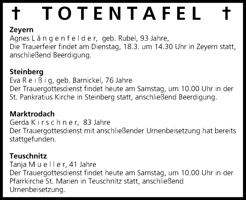  Traueranzeige für Totentafel vom 15.03.2014 vom 15.03.2014 aus MGO