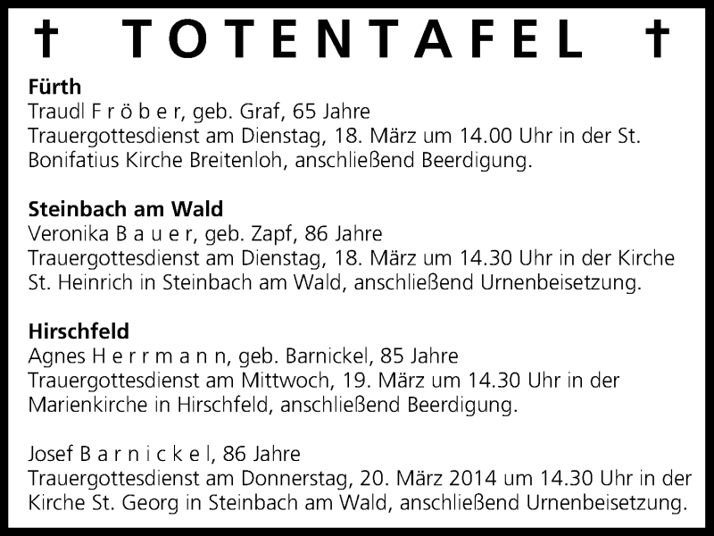  Traueranzeige für Totentafel vom 18.03.2014 vom 18.03.2014 aus MGO
