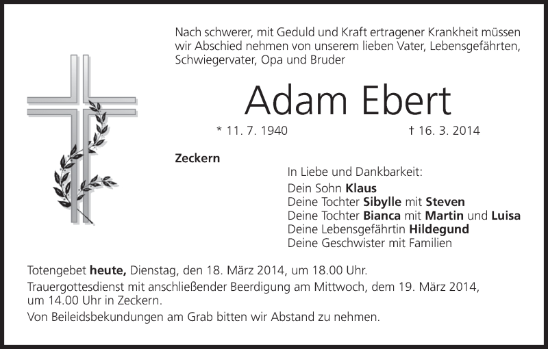  Traueranzeige für Adam Ebert vom 18.03.2014 aus MGO