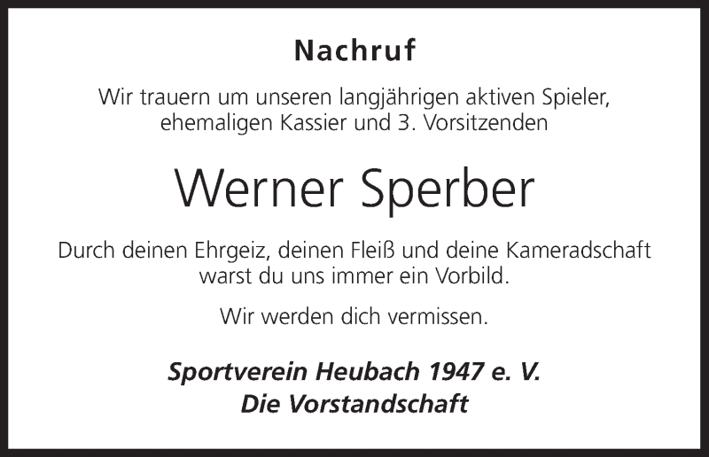  Traueranzeige für Werner Sperber vom 18.03.2014 aus MGO