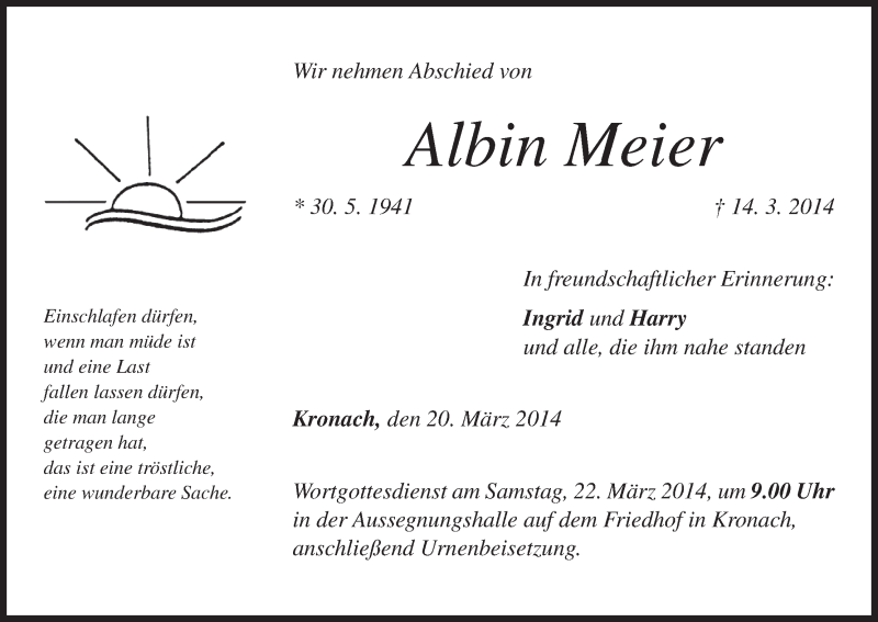  Traueranzeige für Albin Meier vom 20.03.2014 aus MGO