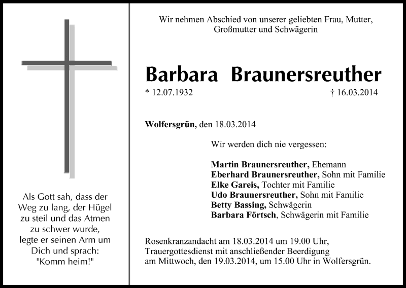  Traueranzeige für Barbara Braunersreuther vom 18.03.2014 aus MGO