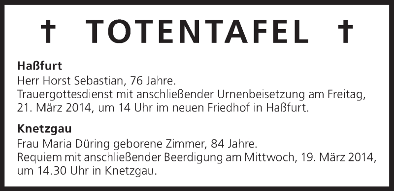  Traueranzeige für Totentafel vom 19.03.2014 vom 19.03.2014 aus MGO