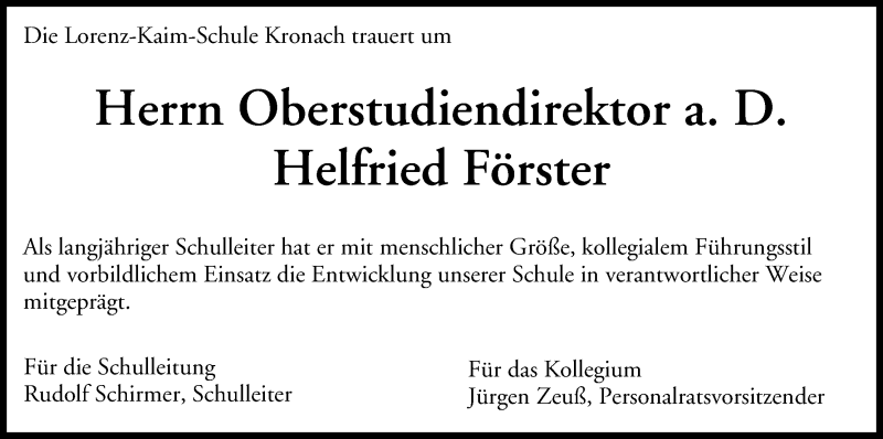  Traueranzeige für Helfried Förster vom 18.03.2014 aus MGO