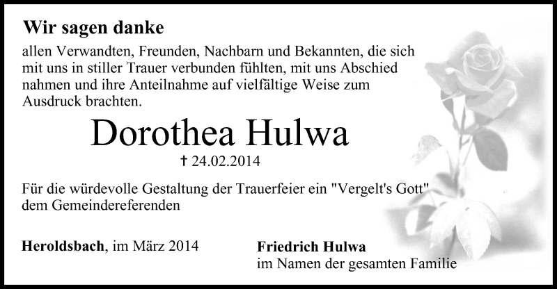  Traueranzeige für Dorothea Hulwa vom 22.03.2014 aus MGO
