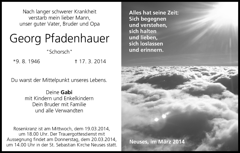  Traueranzeige für Georg Pfadenhauer vom 19.03.2014 aus MGO