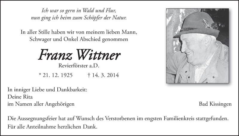  Traueranzeige für Franz Wittner vom 20.03.2014 aus MGO