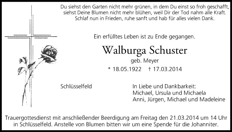  Traueranzeige für Walburga Schuster vom 20.03.2014 aus MGO