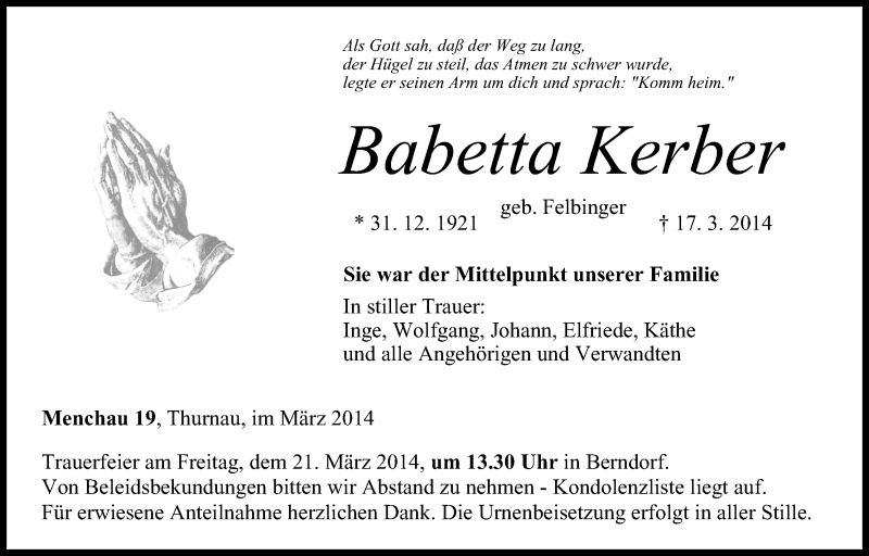  Traueranzeige für Babetta Kerber vom 21.03.2014 aus MGO