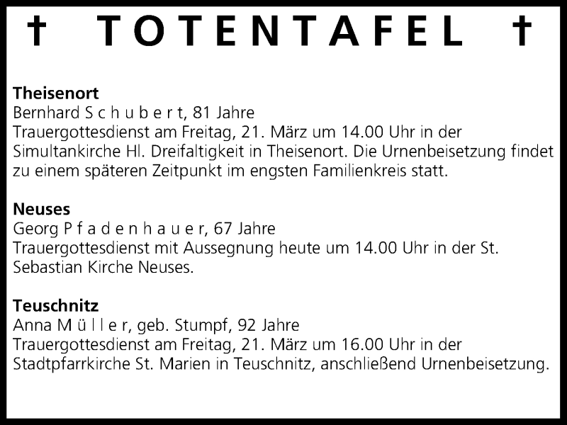  Traueranzeige für Totentafel vom 20.03.2014 vom 20.03.2014 aus MGO