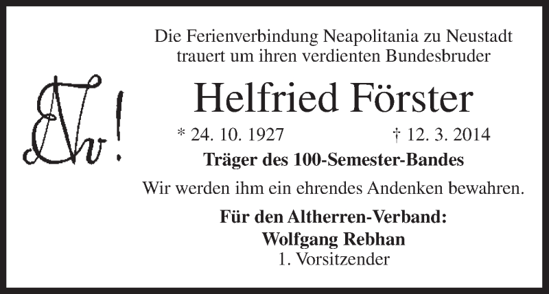  Traueranzeige für Helfried Förster vom 22.03.2014 aus MGO