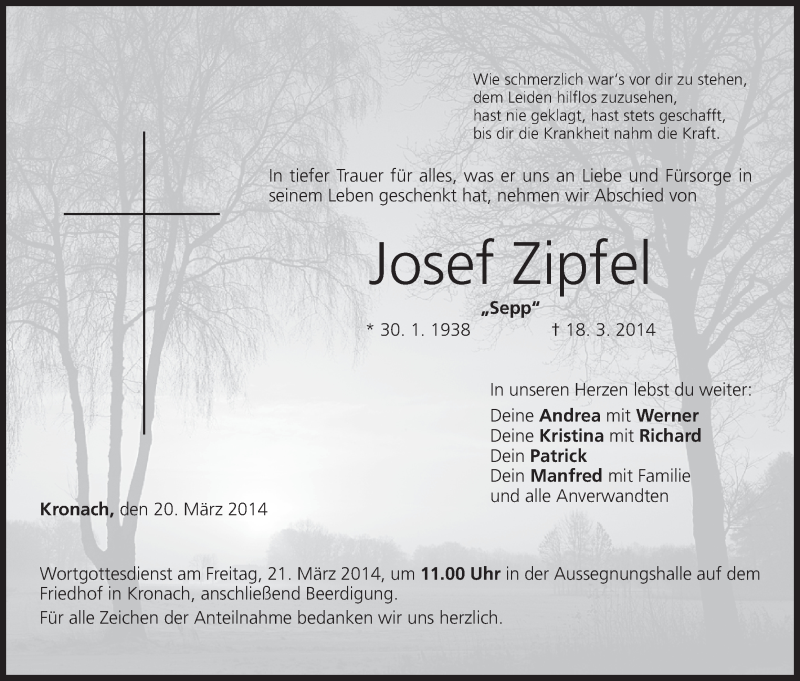  Traueranzeige für Josef Zipfel vom 20.03.2014 aus MGO