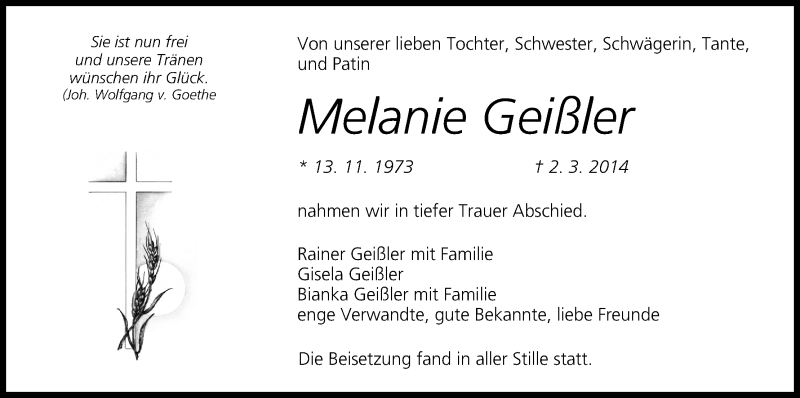  Traueranzeige für Melanie Geißler vom 22.03.2014 aus MGO