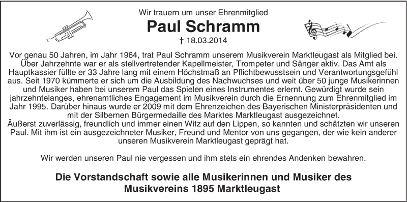  Traueranzeige für Paul Schramm vom 20.03.2014 aus MGO