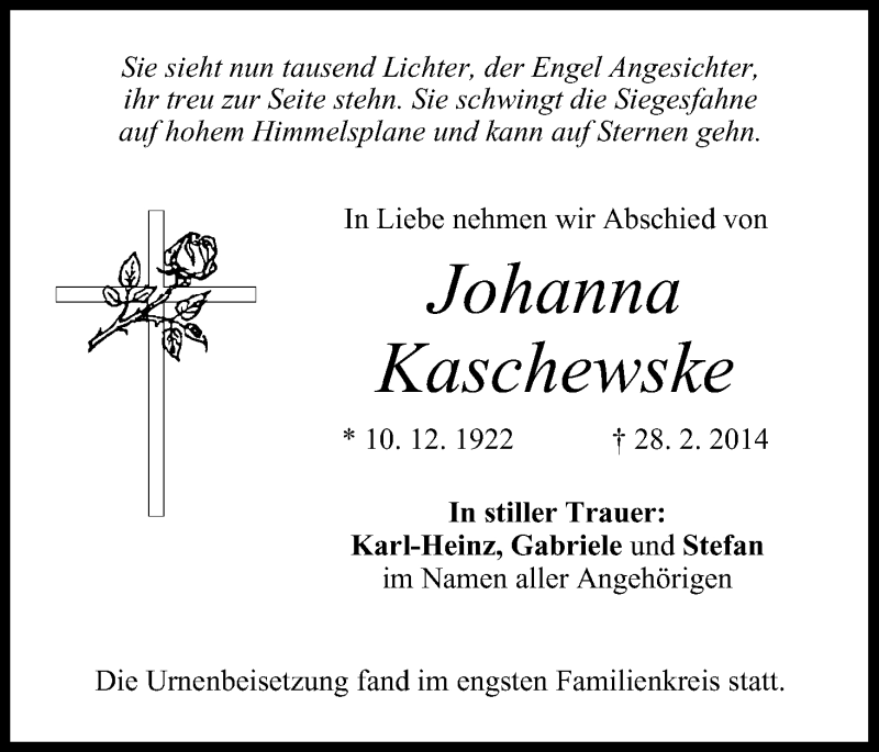  Traueranzeige für Jahanna Kaschewske vom 21.03.2014 aus MGO
