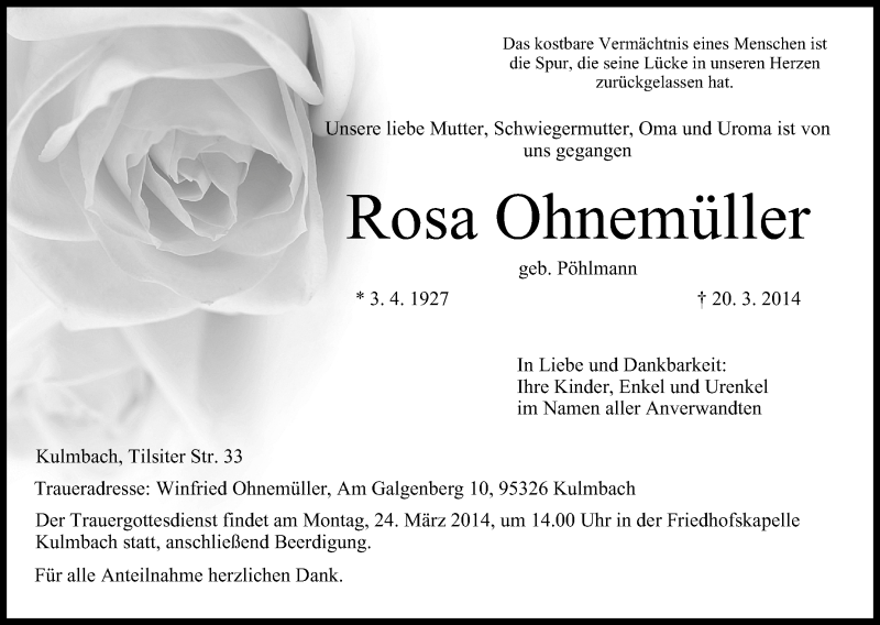  Traueranzeige für Rosa Ohnemüller vom 21.03.2014 aus MGO