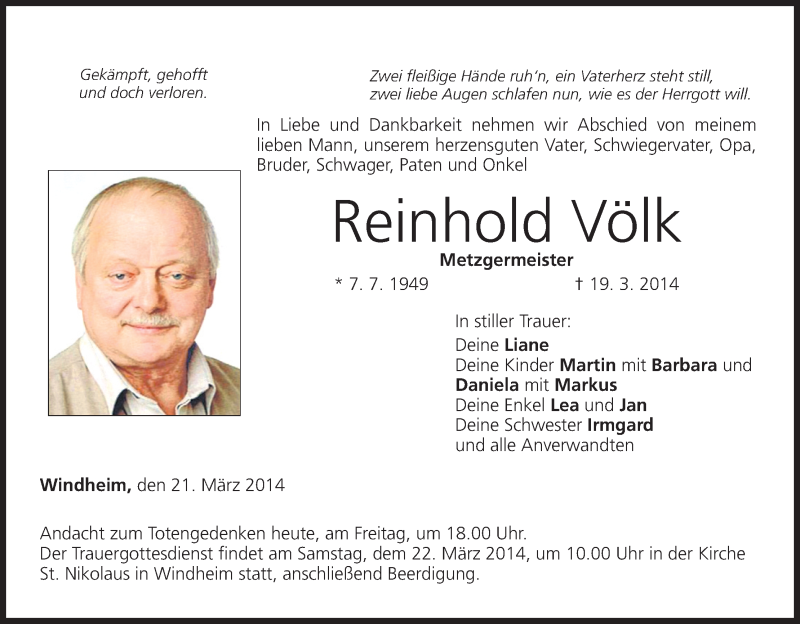  Traueranzeige für Reinhold Völk vom 21.03.2014 aus MGO