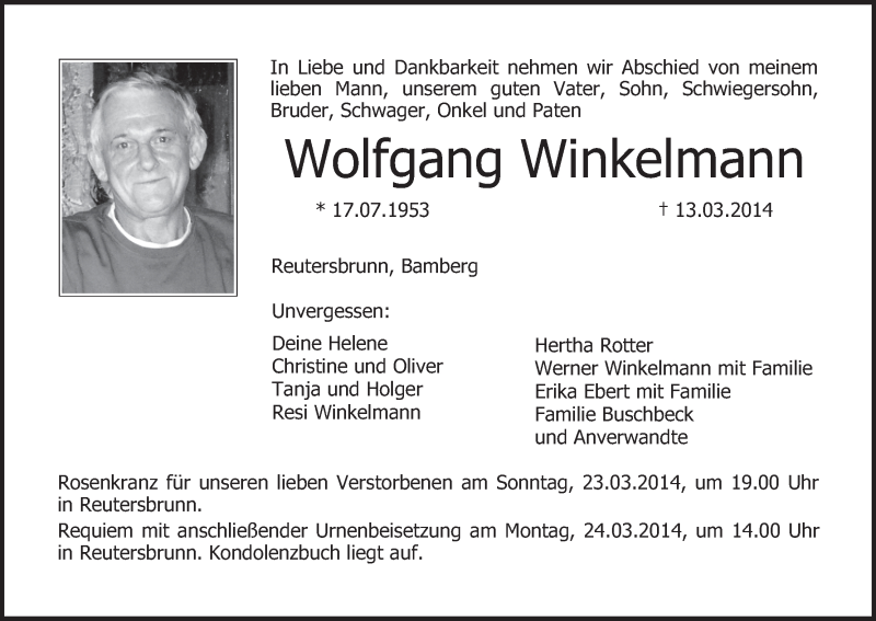  Traueranzeige für Wolfgang Winkelmann vom 21.03.2014 aus MGO