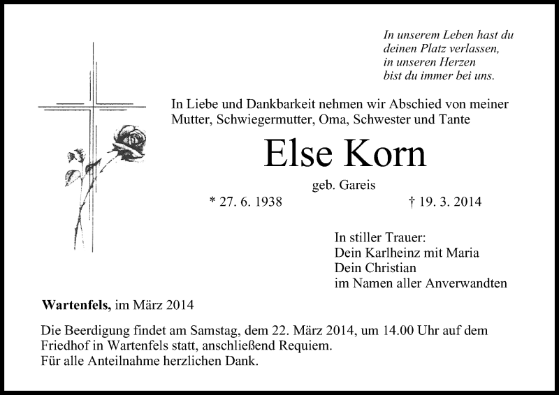  Traueranzeige für Else Korn vom 21.03.2014 aus MGO