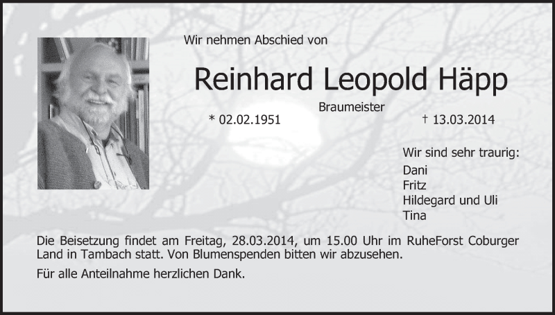  Traueranzeige für Reinhold Leopold Häpp vom 25.03.2014 aus MGO