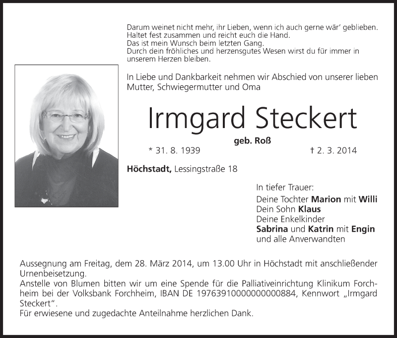  Traueranzeige für Irmgard Steckert vom 25.03.2014 aus MGO