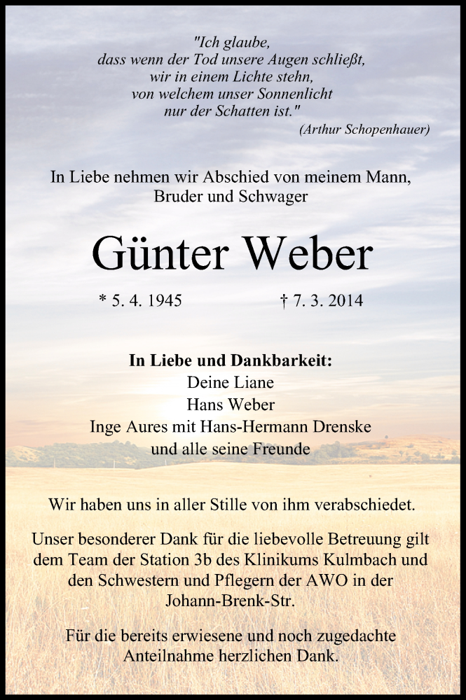  Traueranzeige für Günter Weber vom 25.03.2014 aus MGO