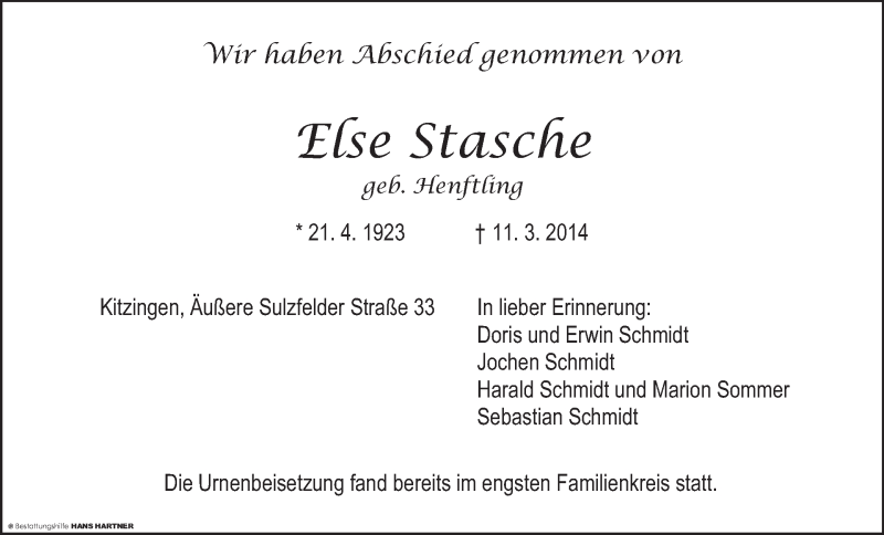  Traueranzeige für Else Stasche vom 22.03.2014 aus MGO