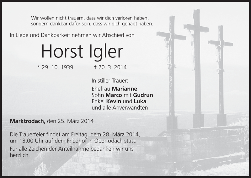  Traueranzeige für Horst Igler vom 25.03.2014 aus MGO