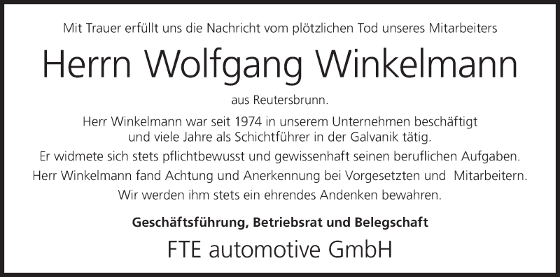  Traueranzeige für Wolfgang Winkelmann vom 24.03.2014 aus MGO