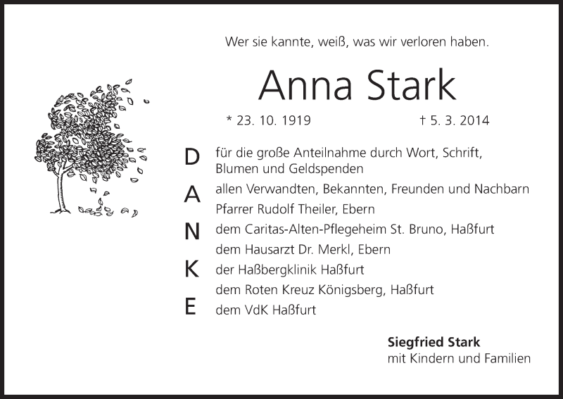  Traueranzeige für Anna Stark vom 22.03.2014 aus MGO