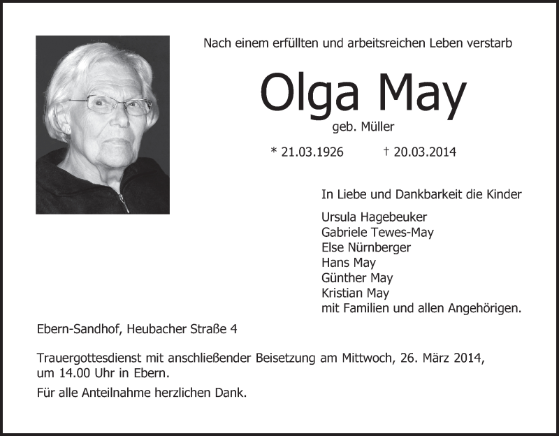  Traueranzeige für Olga May vom 22.03.2014 aus MGO