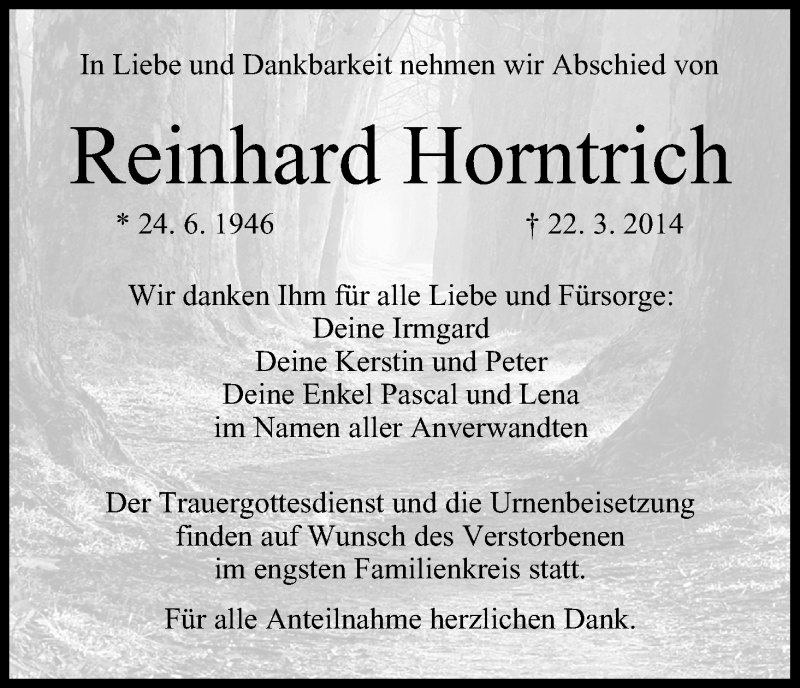  Traueranzeige für Reinhard Horntrich vom 27.03.2014 aus MGO