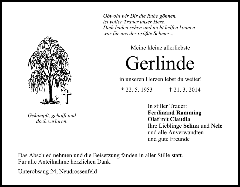  Traueranzeige für Gerlinde  vom 26.03.2014 aus MGO