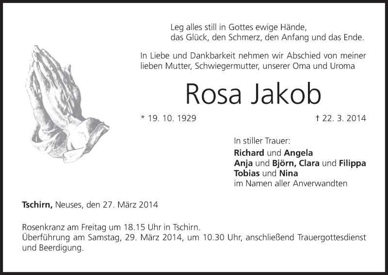  Traueranzeige für Rosa Jakob vom 27.03.2014 aus MGO
